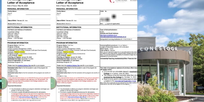Letter of acceptance into Conestoga College Canada