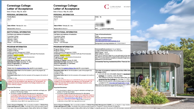 Letter of acceptance into Conestoga College Canada
