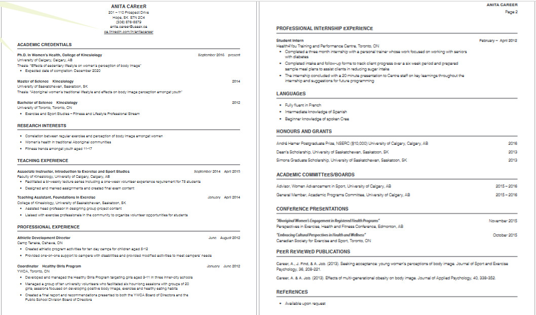 Canadian Resume/CV Format and Sample