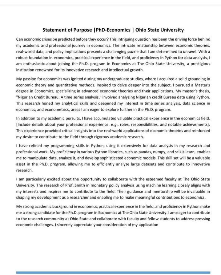 Statement of Purpose (SOP) Sample for PhD