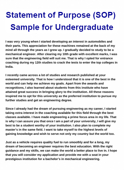 Statement of Purpose Sample for Undergraduate