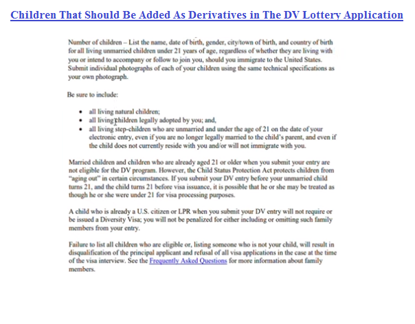 Children That Should Be Added As Derivatives in The DV Lottery Application
